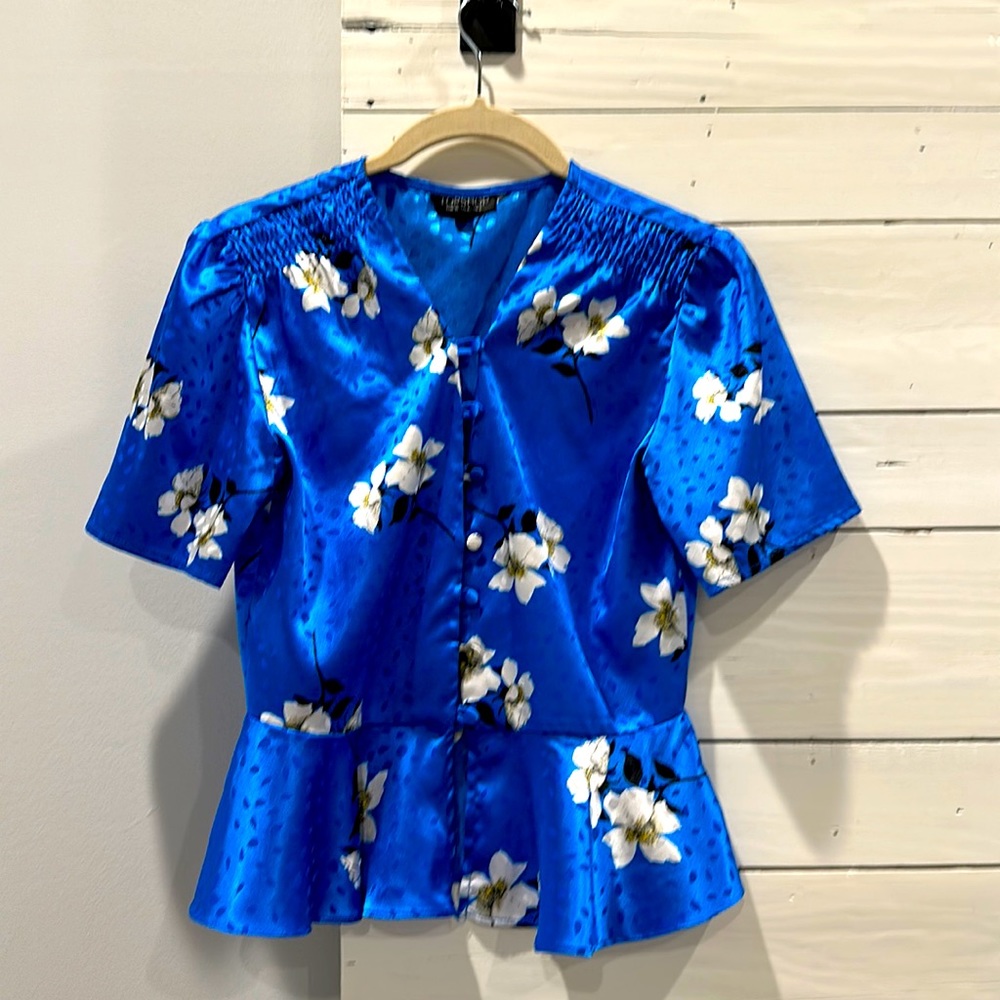 Topshop blue satin blouse with white flowers- Asian inspired